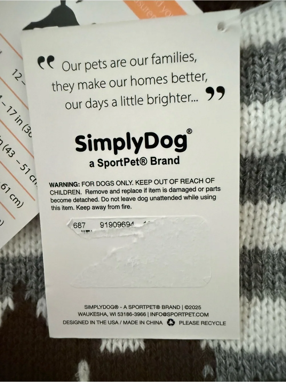 NWT Simplydog Hedgehog Stripe Knit Dog Sweater Size Large